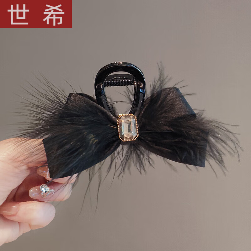 世希新潮創(chuàng)意羽毛鯊魚夾新款中號蝴蝶結(jié)抓夾發(fā)夾頭飾夾子發(fā)飾 黑色羽毛氣質(zhì)蝴蝶結(jié)鯊魚夾