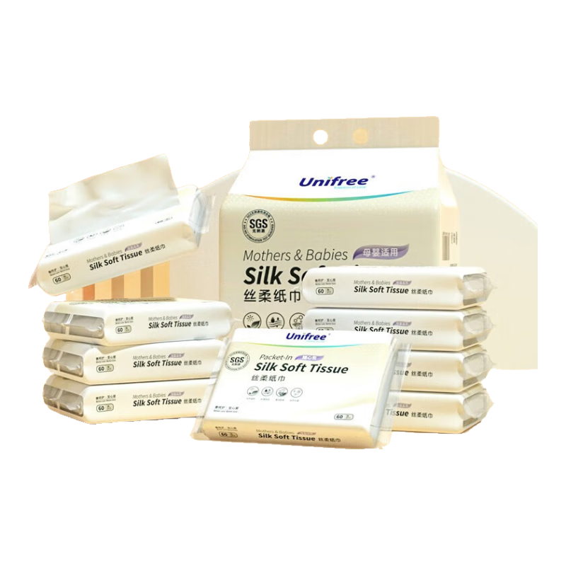 unifree嬰兒柔紙巾乳霜紙抽紙三層60抽寶寶乳霜紙 柔潤保濕面巾紙 絲柔紙巾60抽*10包