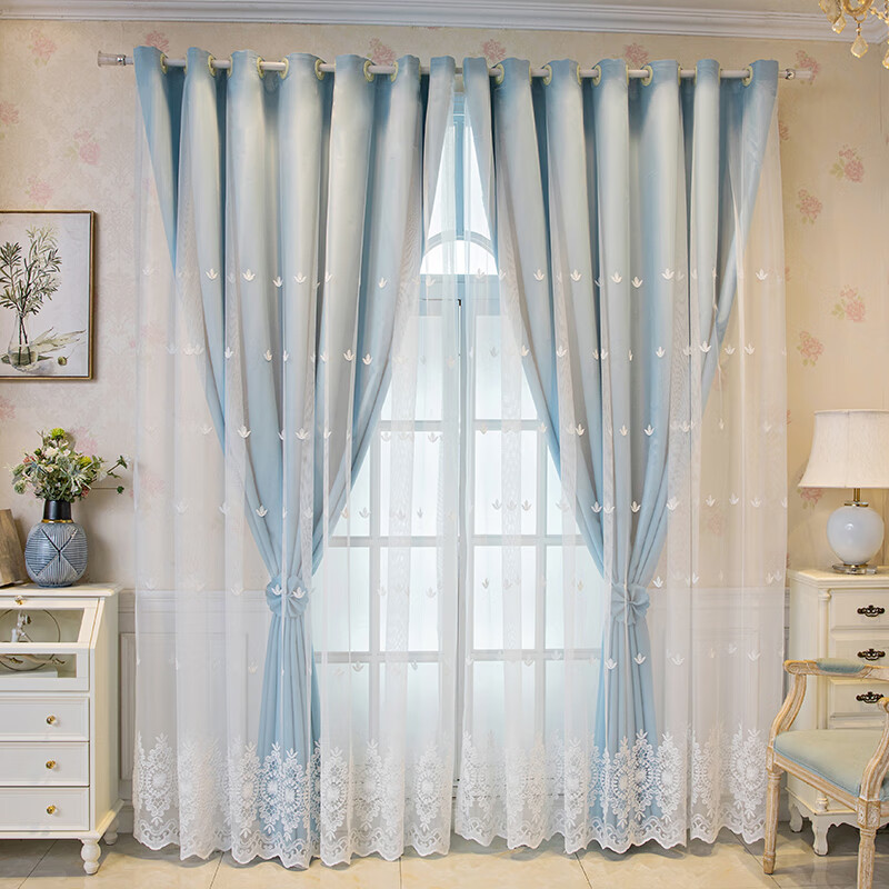 艺彩蝶浙江海宁许村窗帘遮光布纱一体双层飘窗客厅卧室纯色田园简约现