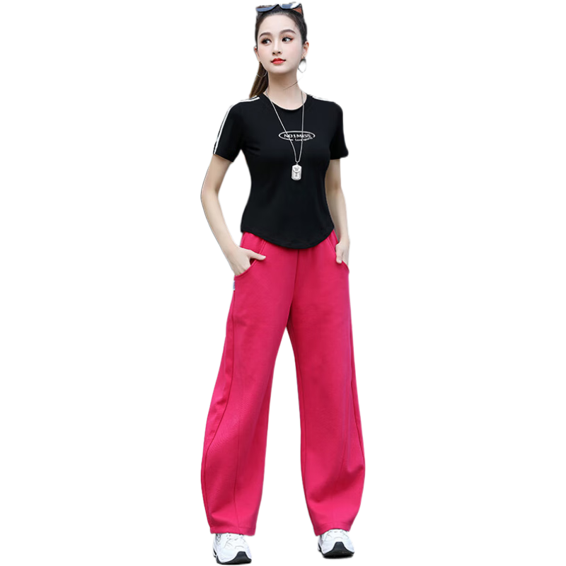 貝茲曼夏季新款廣場(chǎng)舞服裝運動(dòng)套裝女鬼步舞服裝棉短袖闊腿褲休閑套裝 黑衣玫紅褲 L (100斤-108斤)
