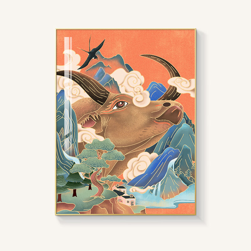 山头林村牛气冲天字画 牛气冲天挂画新中式国潮玄关装饰画牛转乾坤