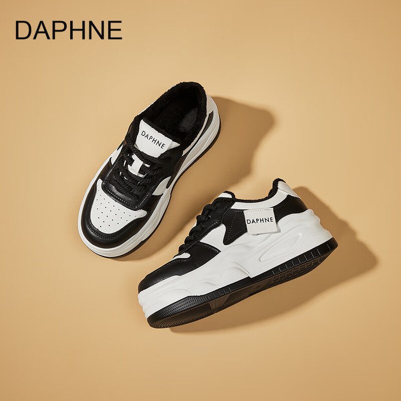 达芙妮厚底保暖加绒小白鞋女2025秋冬新款百搭增高松糕休闲防滑板鞋 白黑色加绒款 【保暖加绒-秋冬百搭】 36