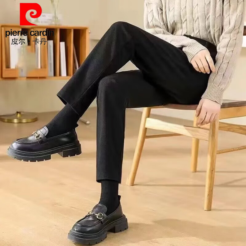 皮爾卡丹加絨加厚毛呢西裝褲女秋冬新款小腳哈倫直筒褲高腰顯瘦休閑煙管褲 黑色 S 建議85-98斤