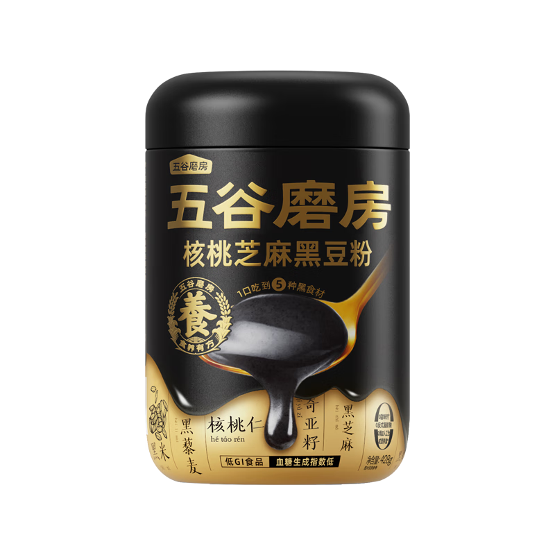 五谷磨房 黑芝麻糊核桃芝麻黑豆粉五黑粉代餐粉燉奶428g（不帶勺子）