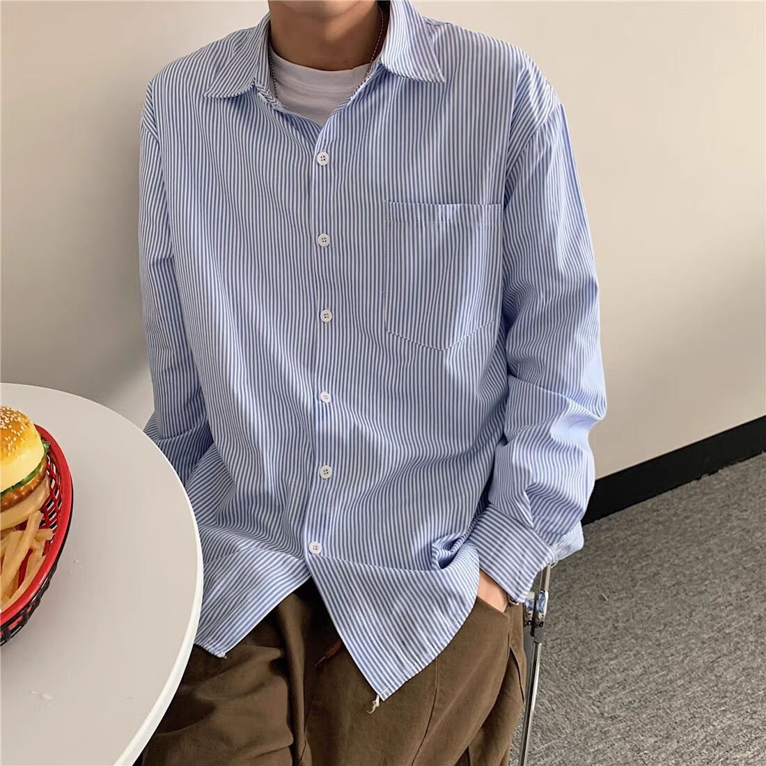 奈代鱼大领口低领衬衫日系条纹宽松衬衫男蓝色条纹衬衫长袖男女日系