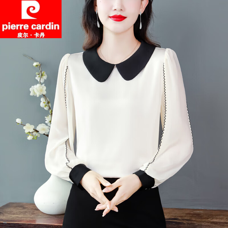皮爾卡丹（pierre cardin）真絲襯衫女長(zhǎng)袖桑蠶絲上衣春秋季2024新款娃娃領(lǐng)襯衣洋氣小衫遮肚 杏色 2XL