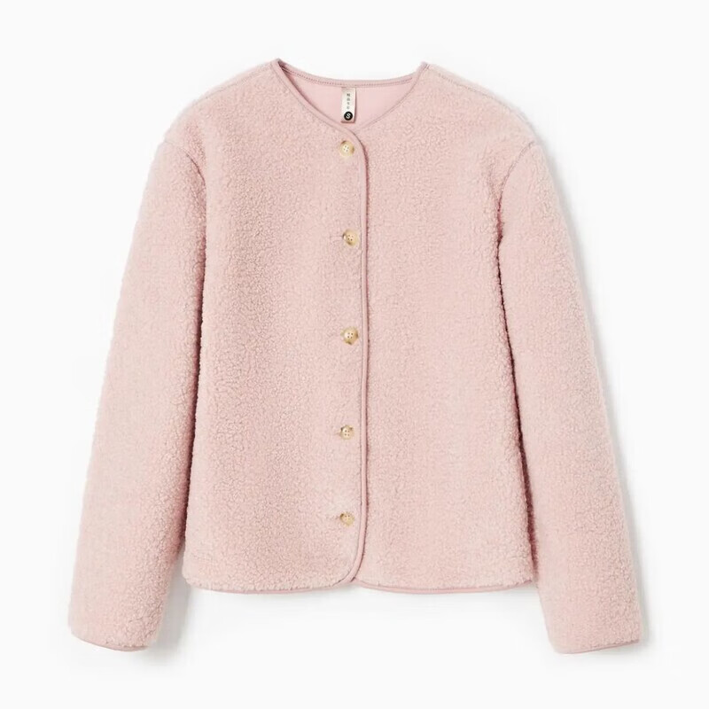 歌班娅欧美新款女装秋冬仿羊羔绒摇粒绒保暖开衫外套圆领长袖抓绒外套 粉色 S  建议80-95斤