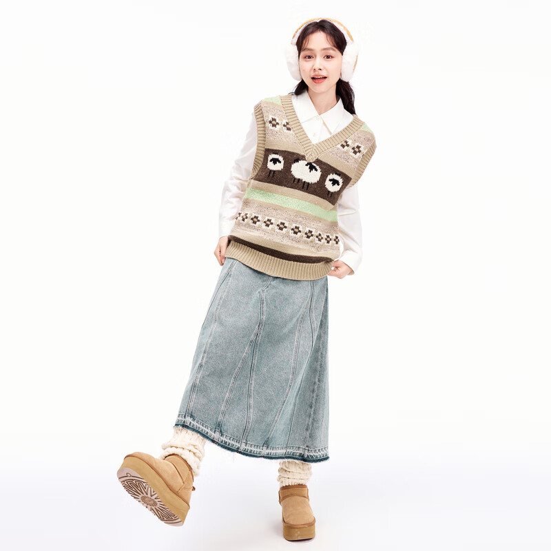 乐町小羊线背心款针织毛衣马甲 浅卡其色 L