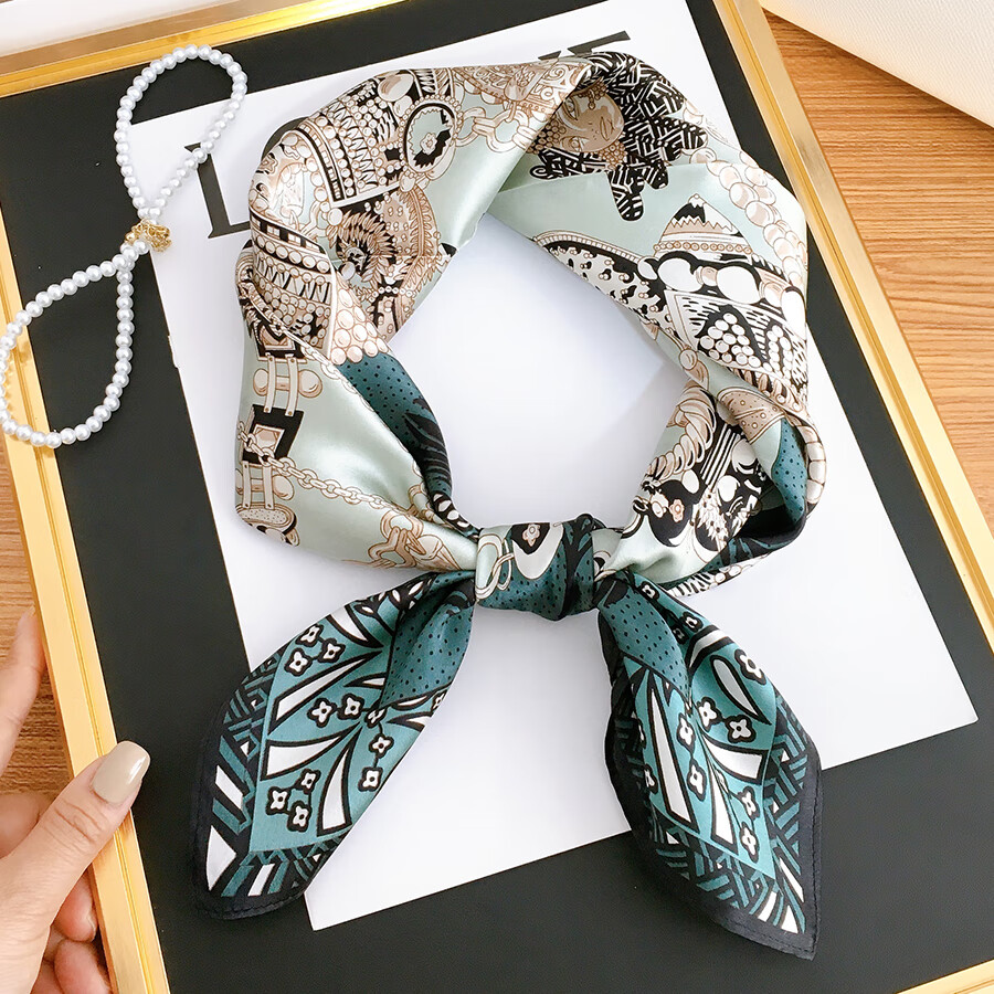 绿色真丝方巾女春秋洋气装饰丝巾夏季薄款蚕丝时尚领巾丝绸 蓝色 珠光