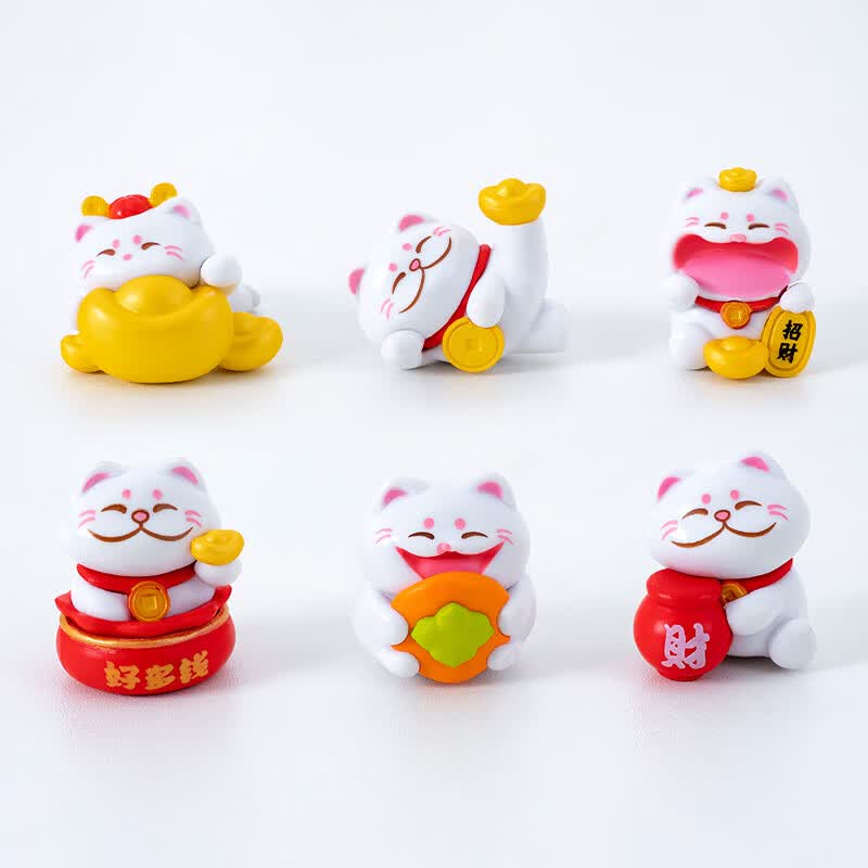 集物一册招财猫微景观桌面小摆件礼盒装可爱工位装饰车载摆件生日礼物 元宝招财猫(一套6个)+点胶 礼盒装+灯串