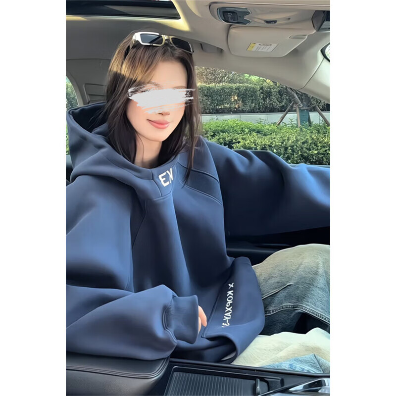 POUM白花灰高领连帽卫衣男士秋冬美式拼接刺绣外套休闲宽松情侣帽衫 BCYMG-Y41藏青色 M