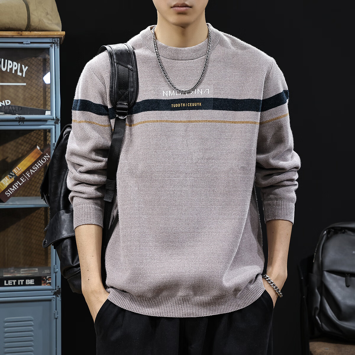 新百伦加绒毛衣男士圆领秋冬款加厚保暖长袖休闲毛线衣内搭上衣男 米灰 加绒 XL 码【建议130-145斤】