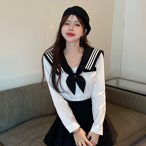 友榕秋季学院风白色衬衫女长袖学生制服蝴蝶结宽松减龄海军领条纹上衣