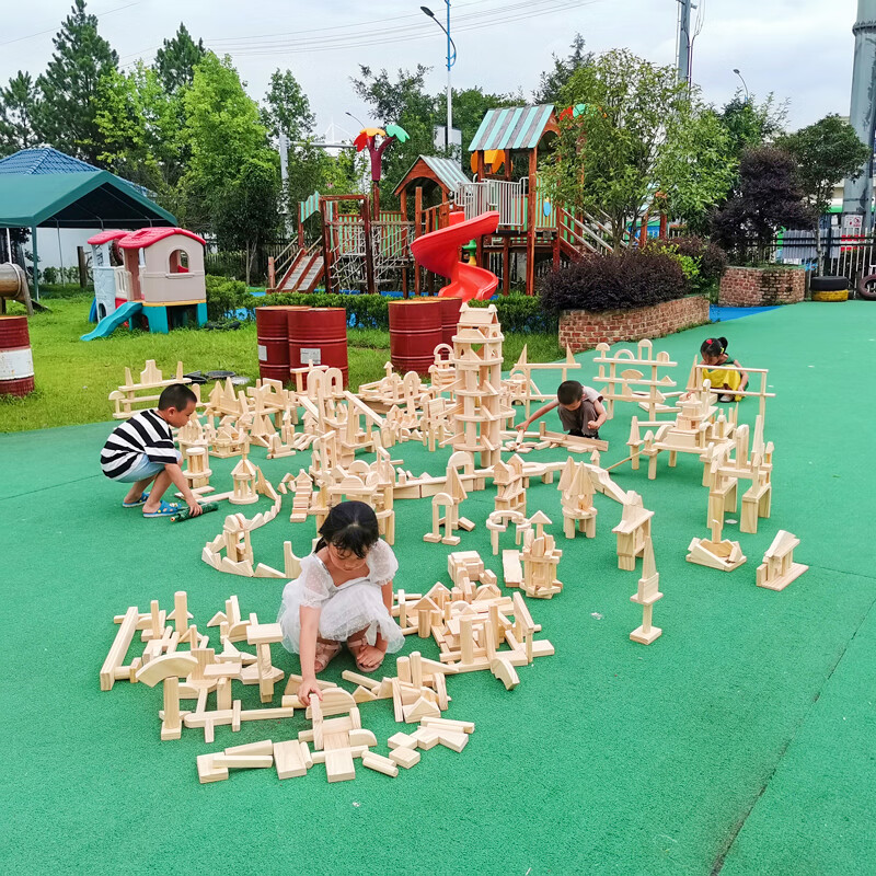 区搭建实木积木大型儿童碳化木制原木超大松木 128块清水积木 图纸