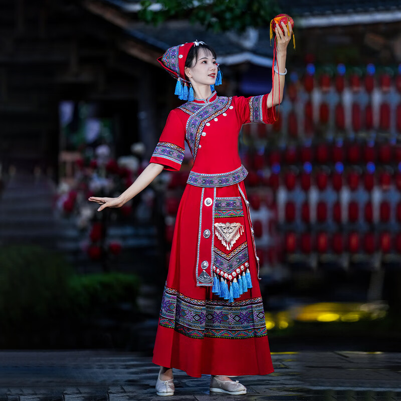 呢好酷廣西壯族三月三服裝女成人演出服表演服少數(shù)民族舞蹈服裝苗族彝族 紅色壯族 M