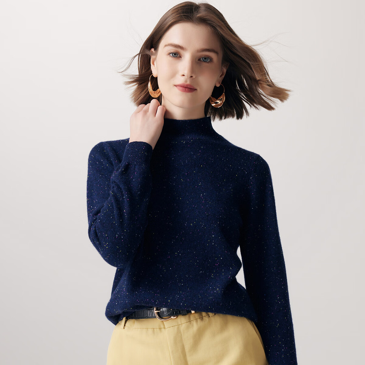 帕罗（PALUOPO）休闲百搭100%山羊绒衫女士秋冬基础多色半高领针织保暖毛衣 彩点藏青 半高领 S 155/95