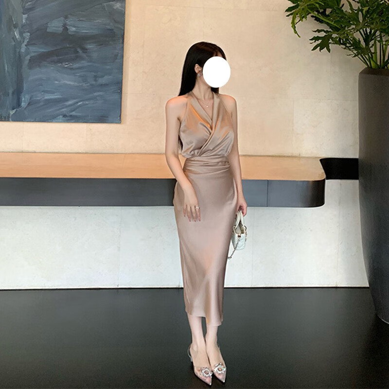 彼岸鸟赵露思色系缎面名媛贵妇连衣裙女简约收腰包臀裙子 香槟咖 xs