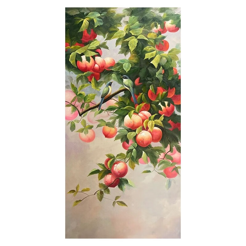 彩象纯手绘油画新中式桃子装饰画玄关挂画客厅喜上枝头喜鹊壁画大芬村