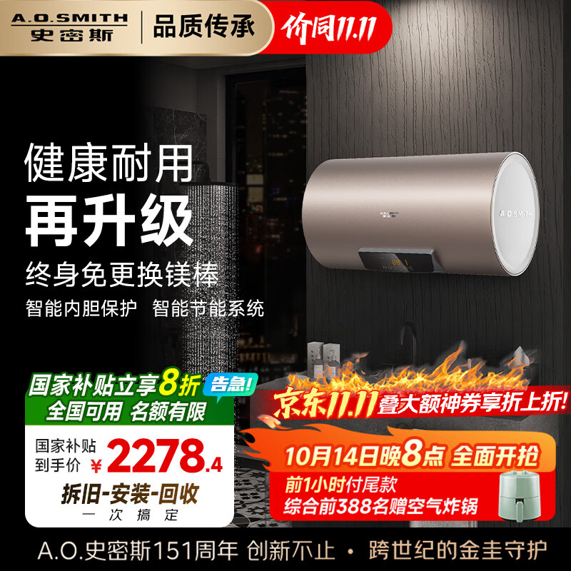 史密斯（A.O.SMITH）60升电热水器 国家补贴 专利免更换镁棒 金圭内胆 速热节能 CEWH-60ED3 一级能效