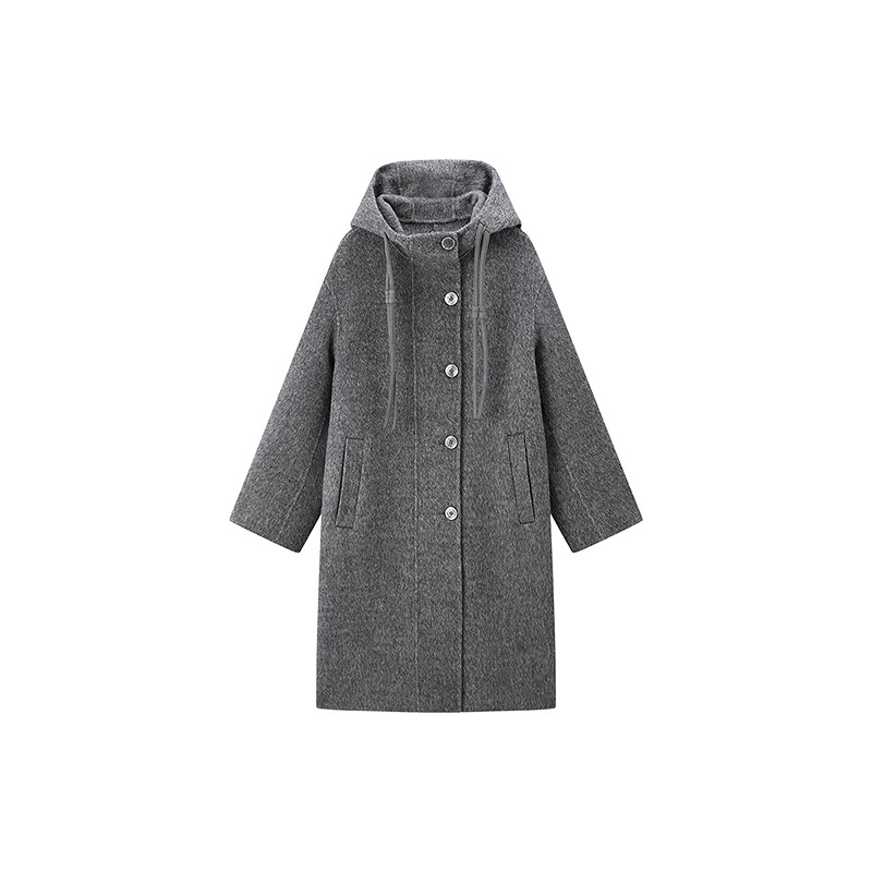 乐町【商场同款】乐町中长款羊毛呢大衣冬款耗牛绒连帽外套C2AAF4334 银烛灰（现货） M