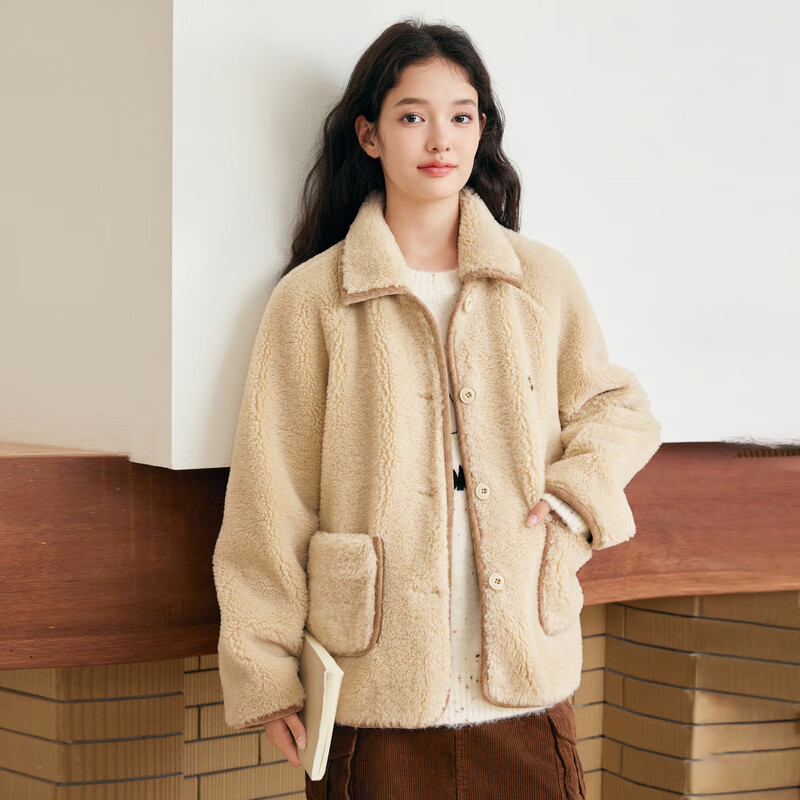 乐町学院风翻领仿羊羔毛外套 法国橡木棕(现货) XS