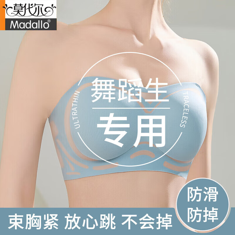 莫代尔透明无肩带内衣女舞蹈生专用防走光聚拢无痕隐形抹胸舒适透气文胸 蓝色 【送隐形透明肩带】 M 【适合95-110斤 34ABC】