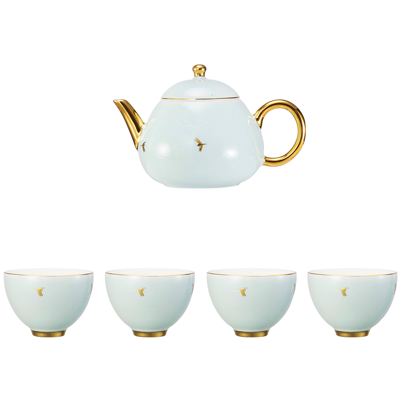 盛世名瓷天青色6头7头茶壶茶具套装家用功夫茶具高档商务实用礼物礼盒包装 天缥青-空谷幽兰-6头清欢茶具