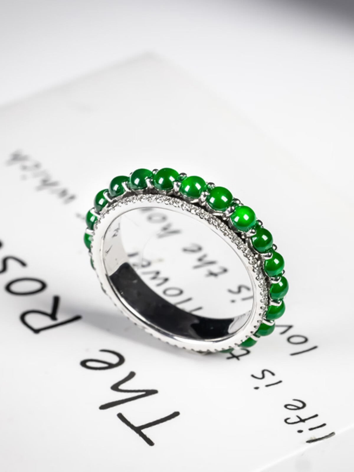 仙来阁缅甸天然翡翠a货冰种满绿色时来运转翡翠戒指18k金满绿排戒冰绿