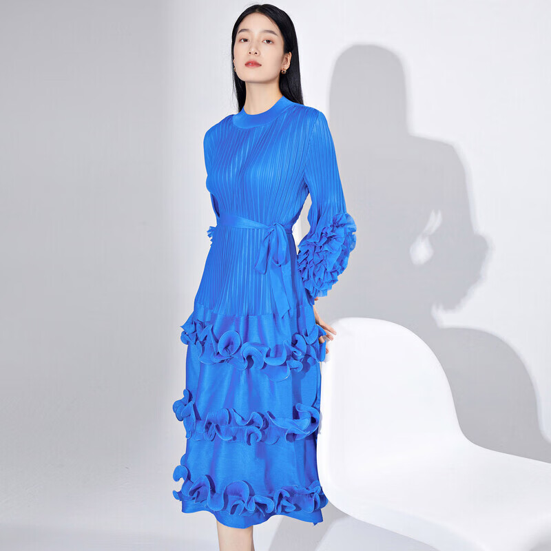 女装连衣裙女设计感小众木耳边泡泡袖系带中长款礼服裙蛋糕裙 蓝色
