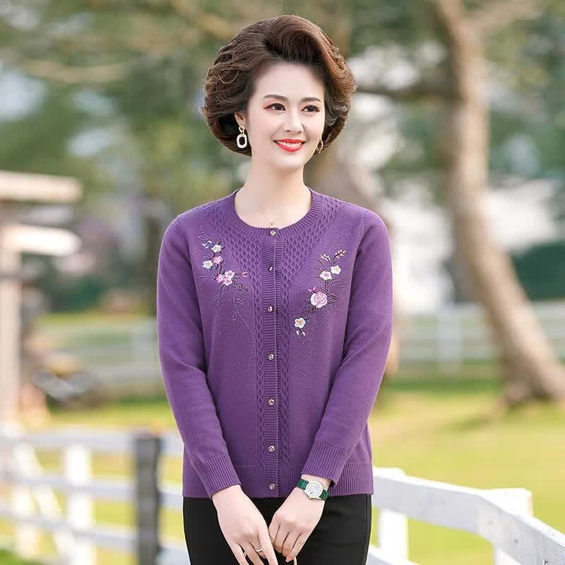 奶奶毛衣开衫开胸外套开身毛线衣中老年妈妈装毛衣外套女开衫短 紫色