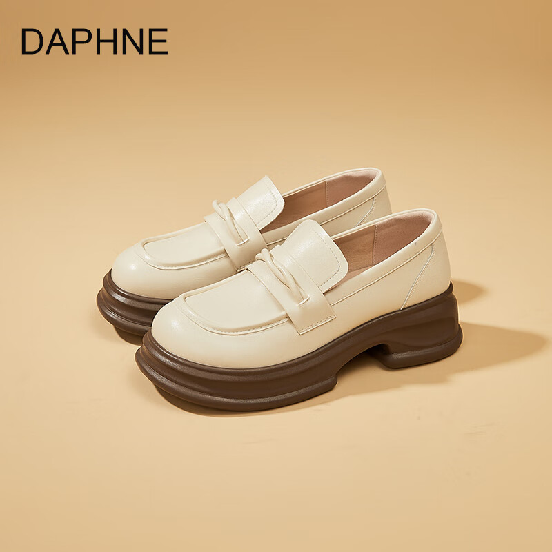 达芙妮真皮乐福鞋女2026春季新款复古厚底单鞋英伦风松糕时尚增高小皮鞋 米白 38