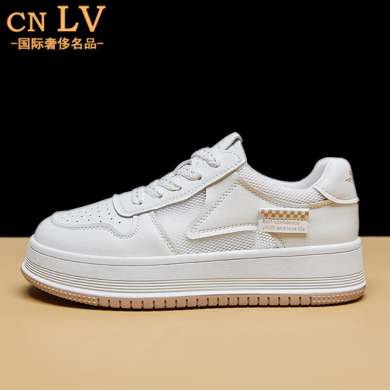cnlv小白鞋女2024新款女鞋百搭鞋子女款夏季透气网面厚底软皮板鞋 白