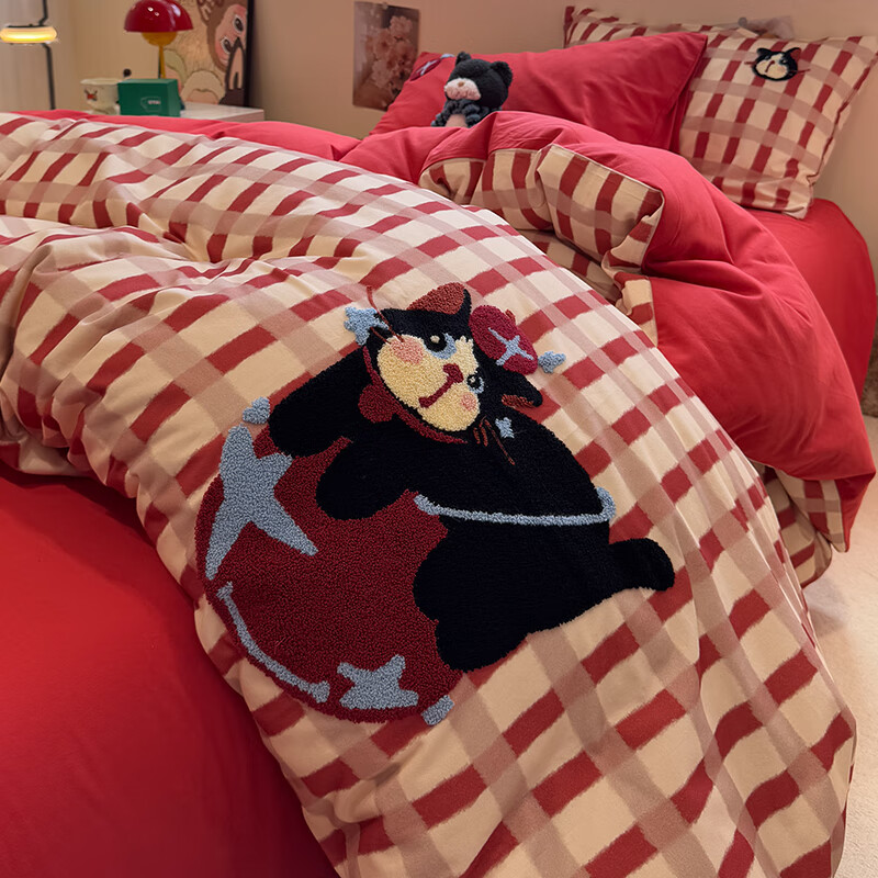 苏萱可爱毛巾绣全棉磨毛床上四件套2025新款纯棉加厚被套床单人三件套 萌神小喵 1.8m 床单款 四件套-被套200x230cm