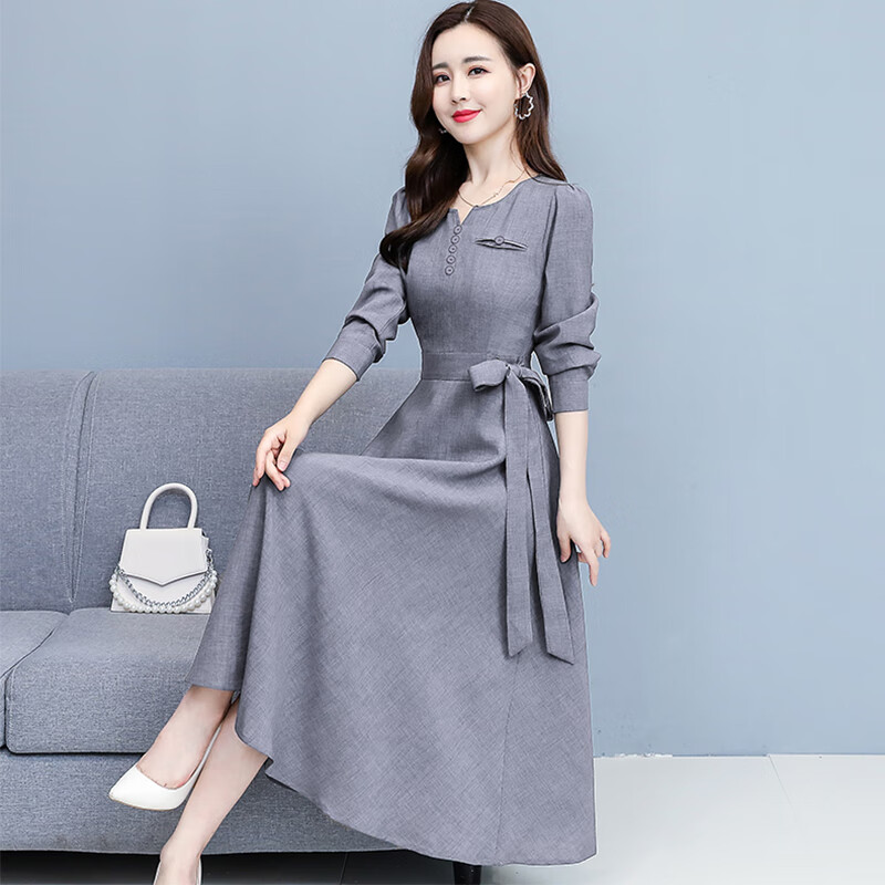棉麻连衣裙子长袖a字中长修身收腰显瘦气质 灰色别致漂亮女神范今年