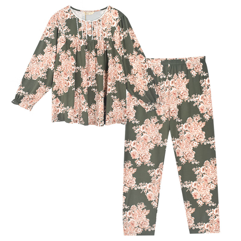 绮瑞女士可外穿家居服春秋莫代尔棉大码睡衣长袖国风文艺妈妈秋款 绿色 L(适合105-125斤)