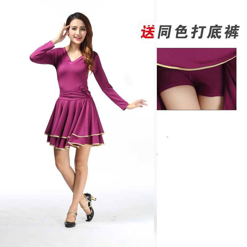 茶小阿新款拉丁舞蹈套裙演出服 舞蹈服廣場舞連衣裙服裝裙子春夏裝 長-袖[紫紅]抽繩裙 M