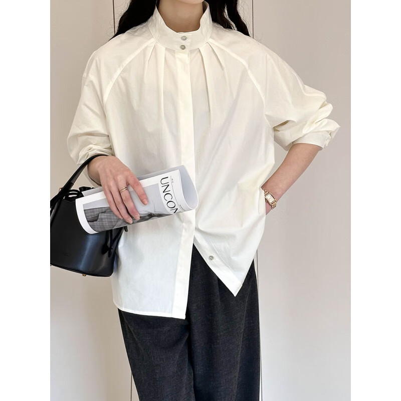 隐里（ylylinli）衬衫女2024春季韩系设计感简约衬衣小立领中长款宽松上衣 白色 均码