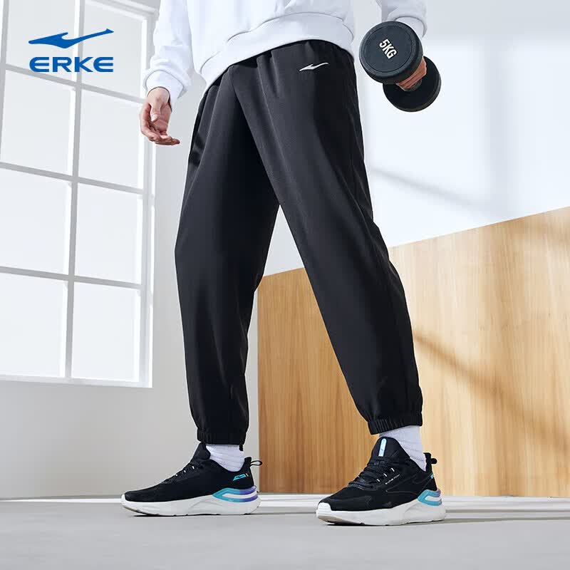 鸿星尔克运动裤男春季新款户外休闲跑步健身梭织长裤九分裤男裤男款 正黑 XL