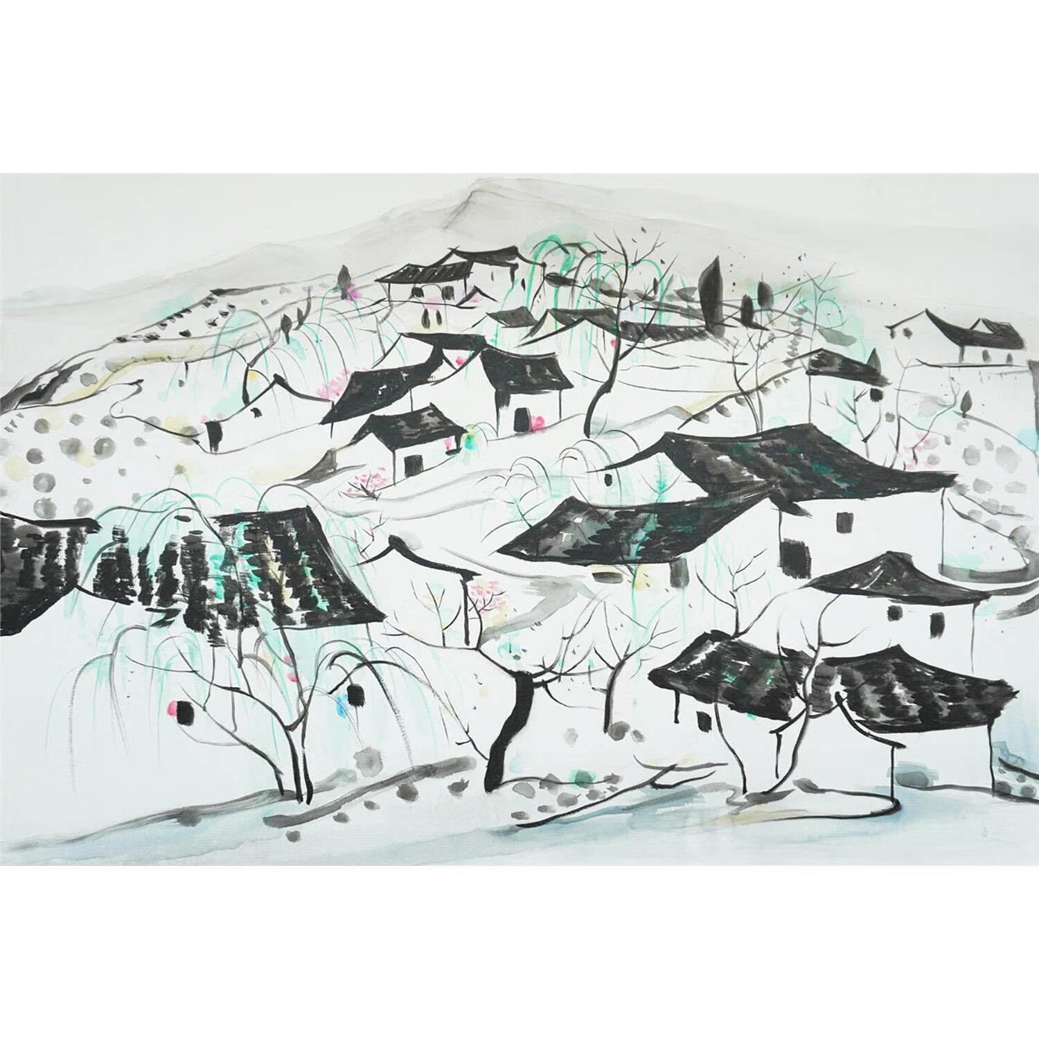 山头林村吴冠中装饰画吴冠中徽派建筑水乡风景手绘油画客厅黑白水墨