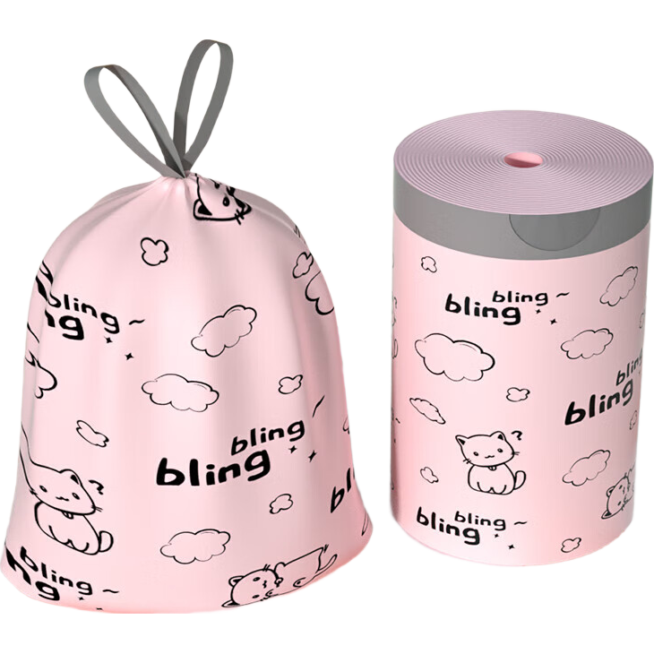 500只特厚垃圾袋家用手提式加厚抽绳大号厨房桶自动拉收口级印花 【粉色猫咪款】加大加厚 100只装