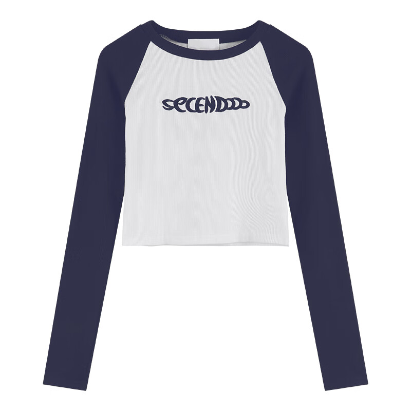 淑游长袖恤女早春美式复古内搭打底衫辣妹短款别致独特小上衣 蓝白色