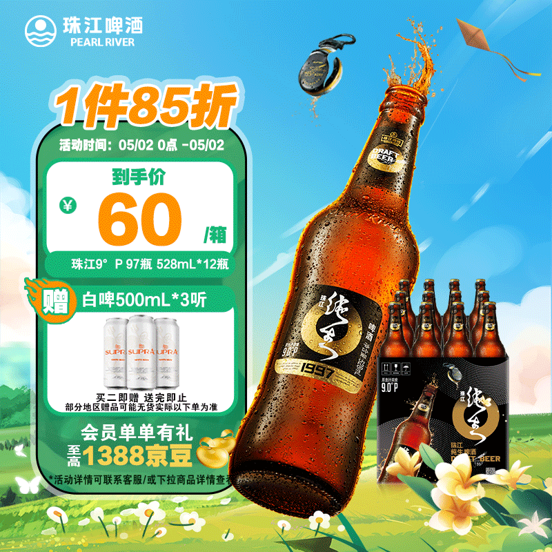 珠江啤酒（PEARL RIVER）9°P 珠江97纯生 528mL 12瓶 整箱装