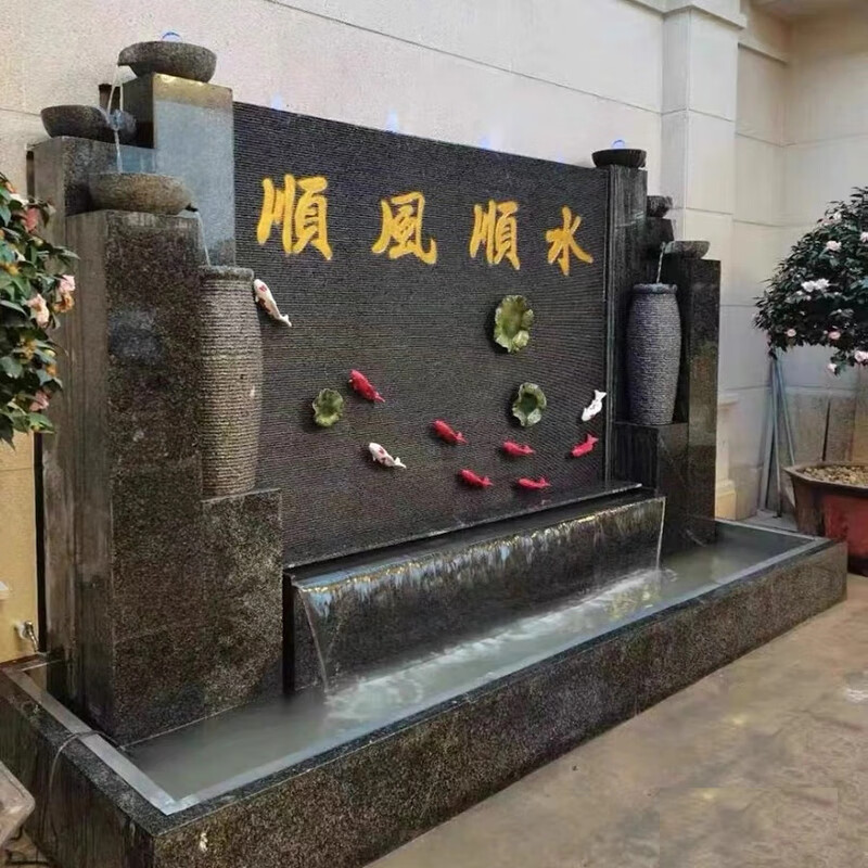 流水影壁墙室外 流水石水幕墙水景喷泉鱼池背景墙定制石材屏风隔断