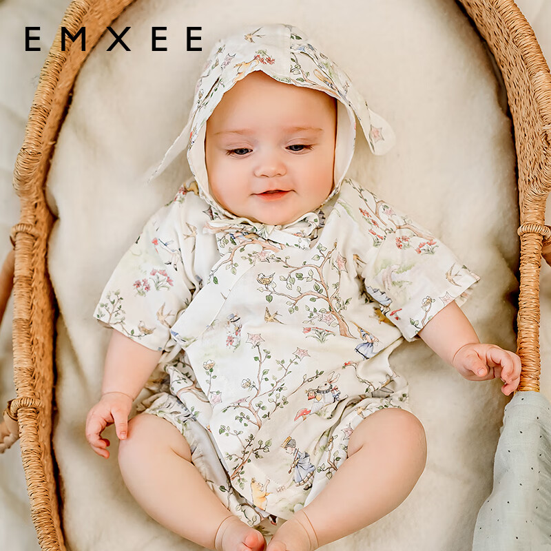 嫚熙(EMXEE)果果衣婴儿连体衣春夏薄款纱罗短袖和尚服新生儿哈衣宝宝衣服新款 爱丽丝森林【短袖-不含头饰 】 59cm