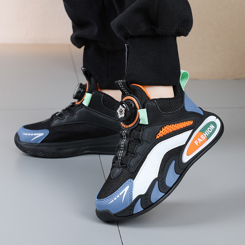 贝天熊男童鞋子春秋网面新款女童旋转纽扣透气革面儿童运动鞋儿童跑步鞋 BK111黑桔【网面透气】 36 内长22.6/脚21.6