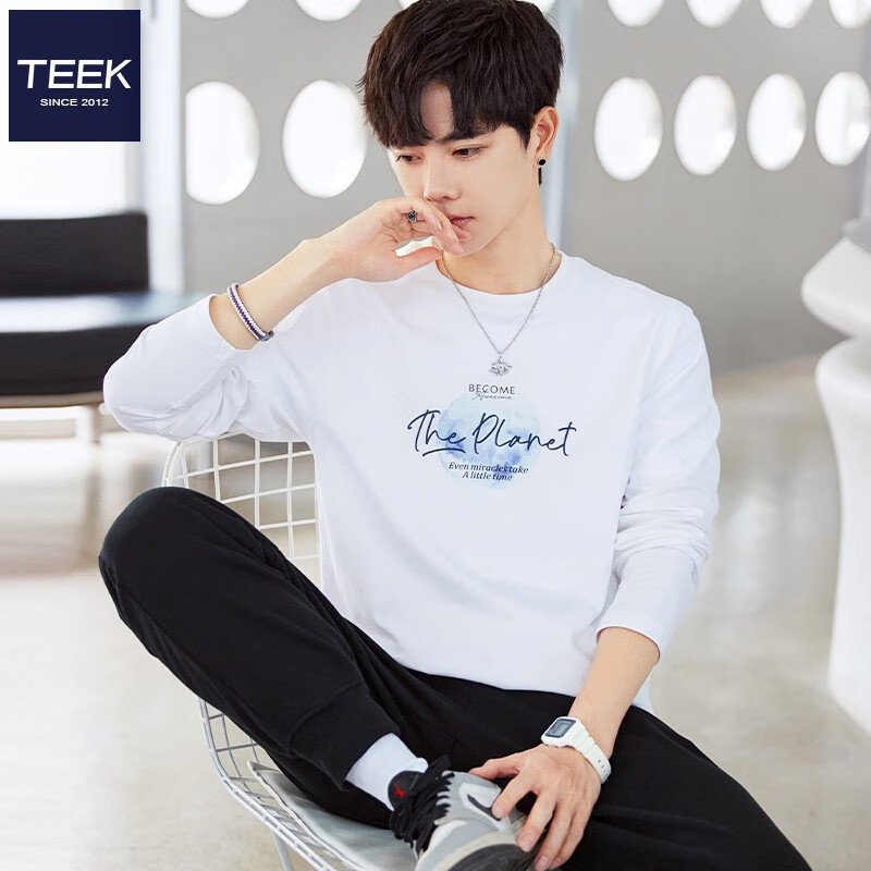 TEEK重磅水柔棉长袖t恤男装秋装 青年字母印花上衣2025秋冬季时尚衣服 HE636白色 L 京东折扣/优惠券