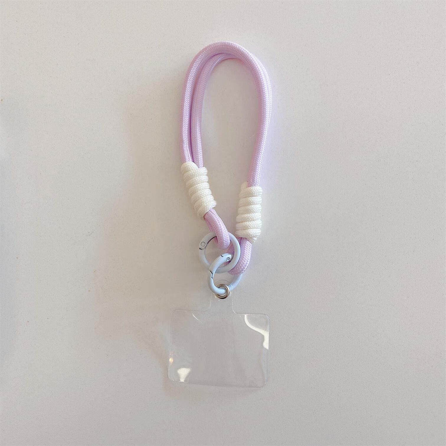 埠帝新款简约彩色手工编织绳钥匙扣通用手机壳挂绳挂链钥匙圈双扣手链 手腕短绳-双扣-透明夹片-【浅紫色】