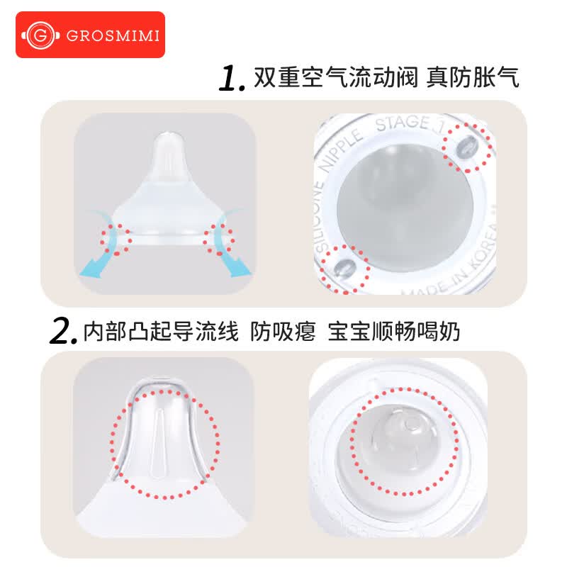 Grosmimi原装进口格罗咪咪新生婴儿防胀气奶瓶仿真母乳液态硅胶嘴PPSU耐摔 玫瑰金（适合3-5-6月+） 300ml