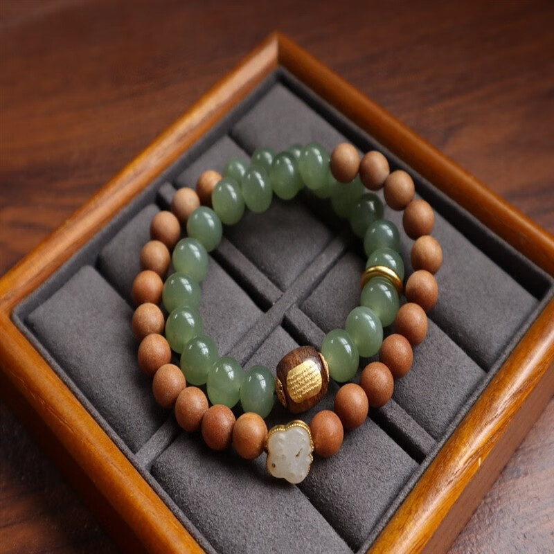 瑾然 天然和田玉檀木双圈手链 冰晴水料算盘珠搭银镶和田玉蝴蝶沉香木