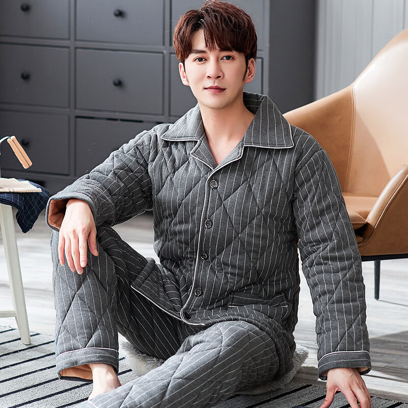 南极人睡衣男士冬季纯棉夹棉三层加厚保暖全棉加棉家居服秋冬套装舒适